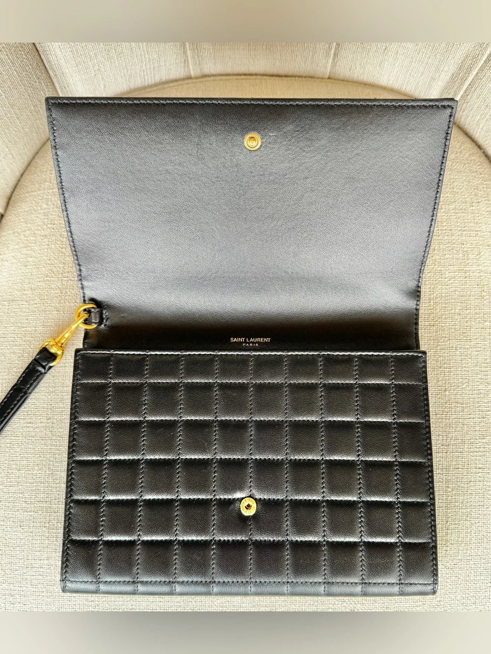 ✨ AUTH Saint Laurent Carré Quilted Cassandre Pouch/Clutch in Black Lambskin ✨